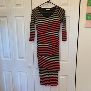 Anthropologie Tan, Charcoal Grey and Pink Striped 3/4 Sleeve Body-con Dress